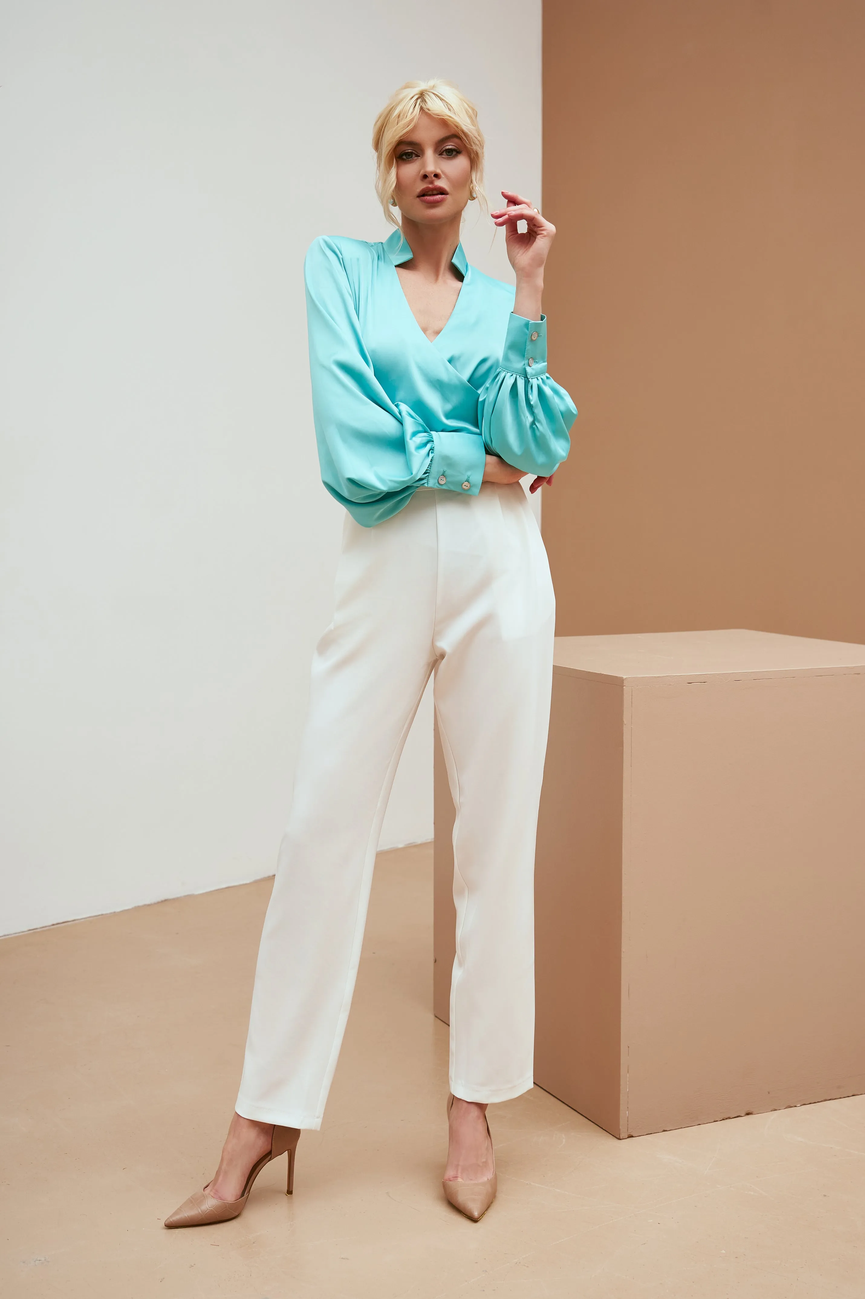 Tiffany-Blue Silk Puff-Sleeve Wrap Blouse
