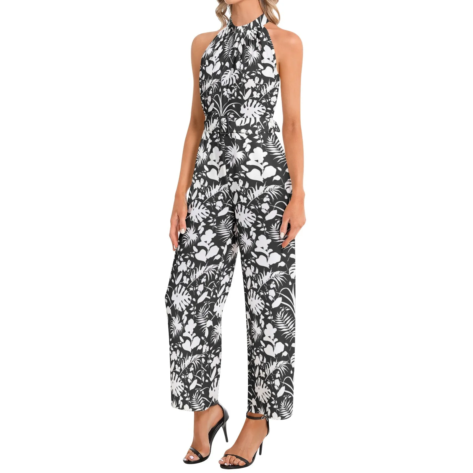 Tropical Halter Neck Buckle Belted Jumpsuit
