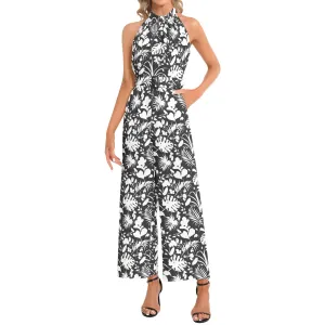 Tropical Halter Neck Buckle Belted Jumpsuit
