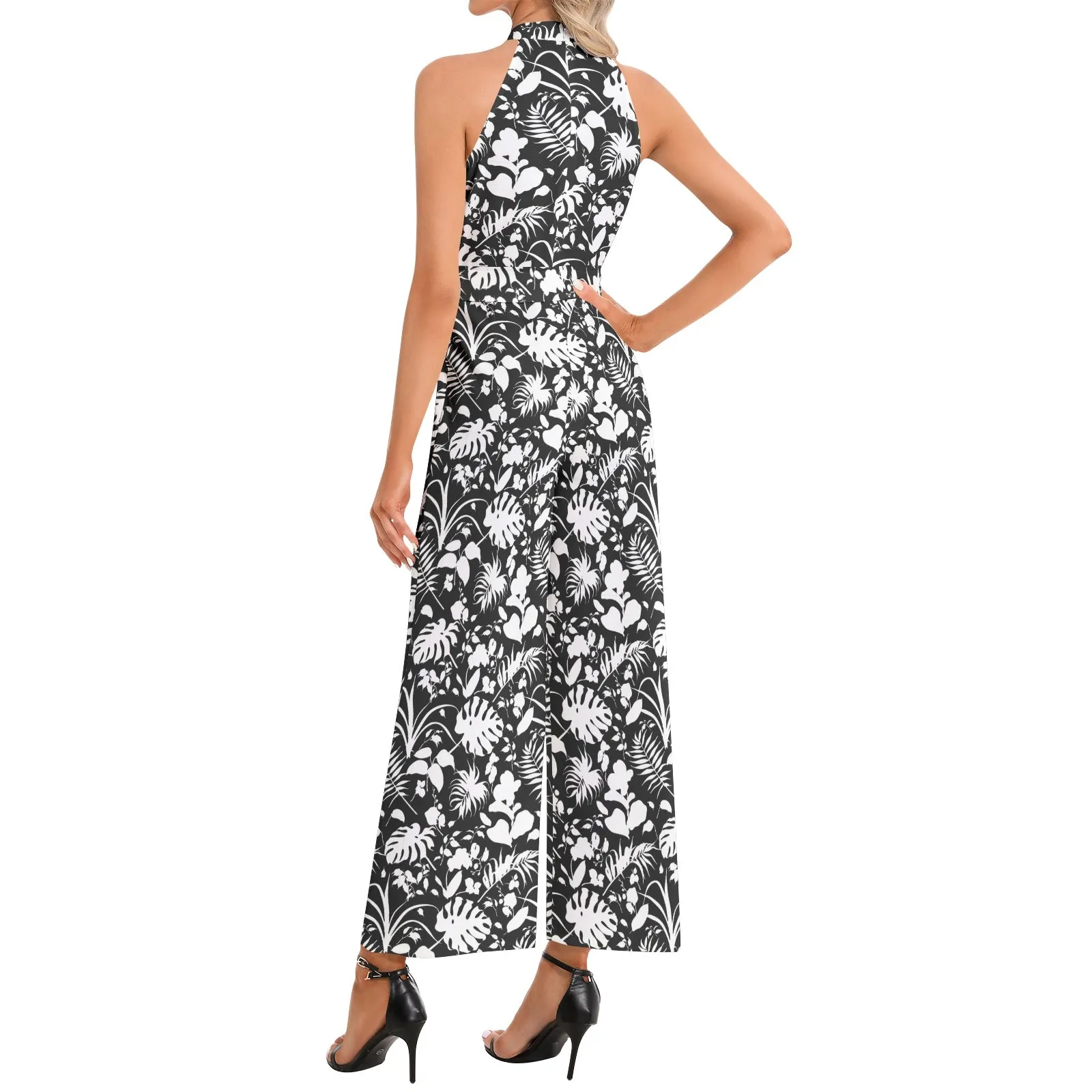 Tropical Halter Neck Buckle Belted Jumpsuit