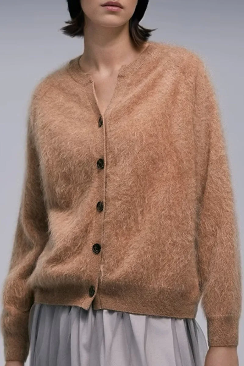 Ultrafine Brushed Cashmere Crewneck Cardigan