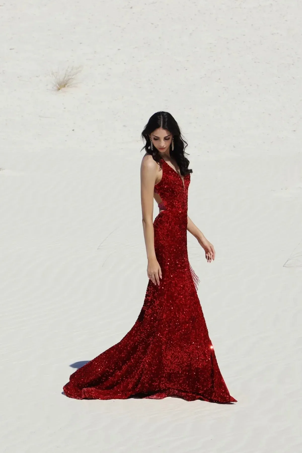 Vienna Prom Dress 8854 Size 10 Midnight Backless Velvet Sequin Fringe Slit Prom Dress V Neck Formal