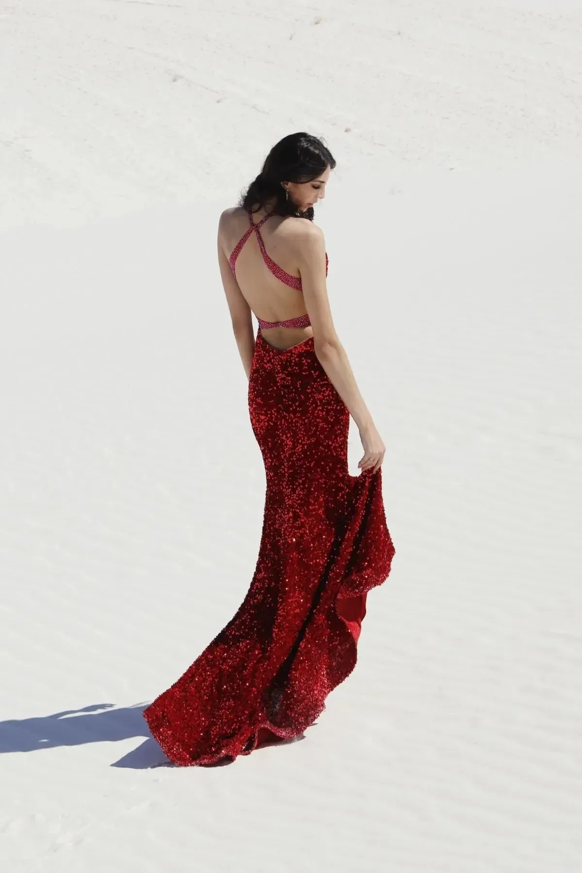 Vienna Prom Dress 8854 Size 10 Midnight Backless Velvet Sequin Fringe Slit Prom Dress V Neck Formal
