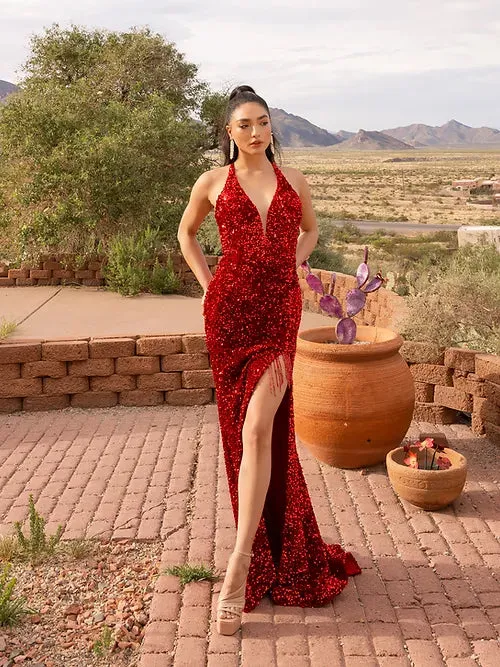 Vienna Prom Dress 8854 Size 10 Midnight Backless Velvet Sequin Fringe Slit Prom Dress V Neck Formal