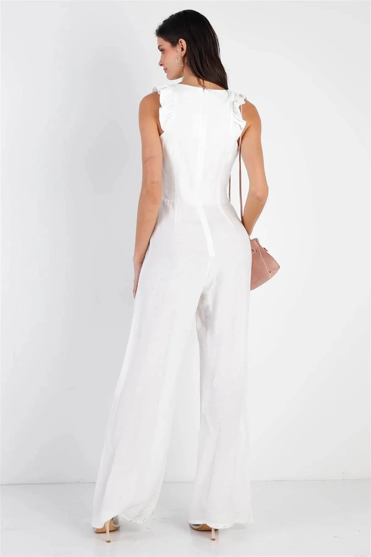 White Textured Ruffle Trim Straps Sleeveless Wide Leg Jumpsuit /1-1-2-1
