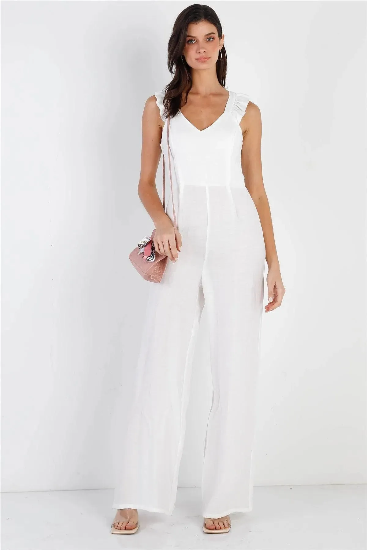 White Textured Ruffle Trim Straps Sleeveless Wide Leg Jumpsuit /1-1-2-1