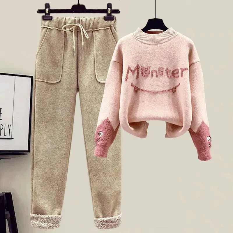 Winter New Cashmere Vest Coat Embroidery Knitted Sweater Casual Trousers Three Piece Elegant Pants Set Outfit