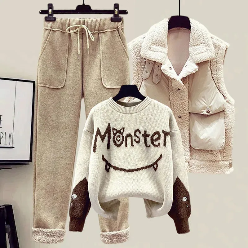 Winter New Cashmere Vest Coat Embroidery Knitted Sweater Casual Trousers Three Piece Elegant Pants Set Outfit