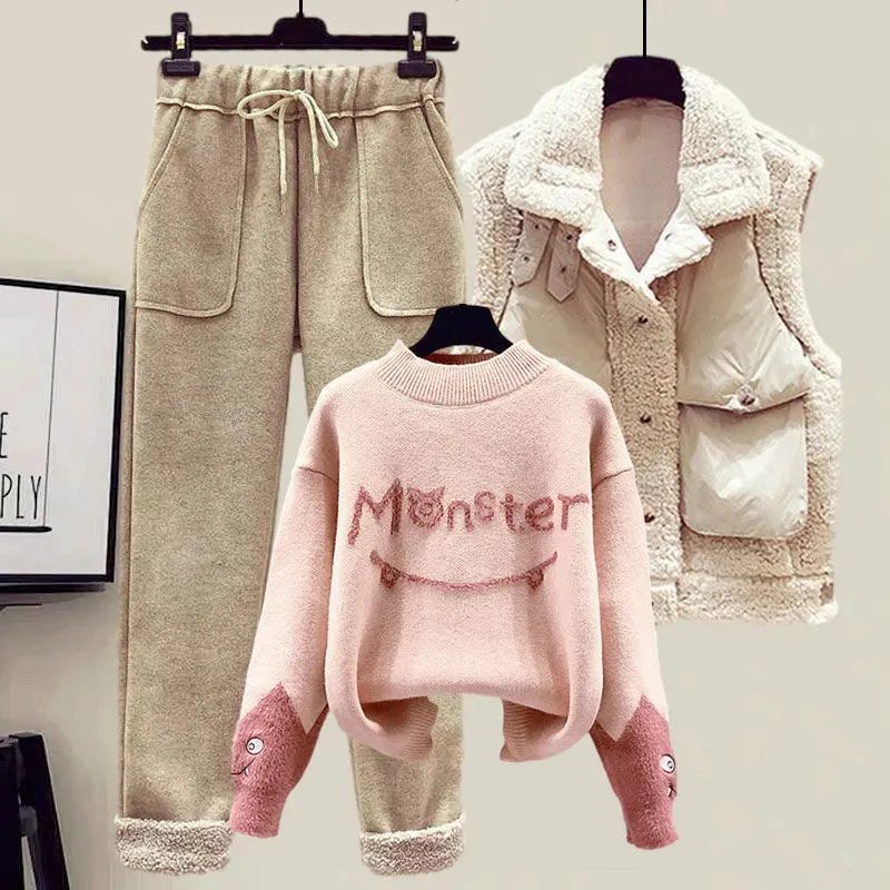Winter New Cashmere Vest Coat Embroidery Knitted Sweater Casual Trousers Three Piece Elegant Pants Set Outfit