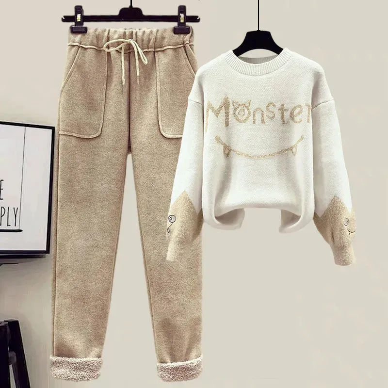 Winter New Cashmere Vest Coat Embroidery Knitted Sweater Casual Trousers Three Piece Elegant Pants Set Outfit