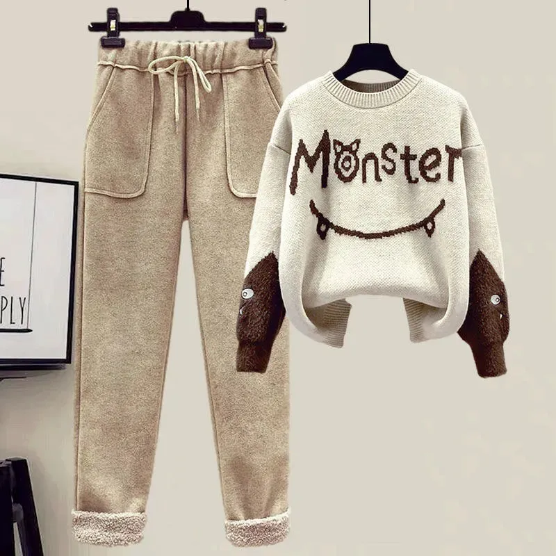 Winter New Cashmere Vest Coat Embroidery Knitted Sweater Casual Trousers Three Piece Elegant Pants Set Outfit