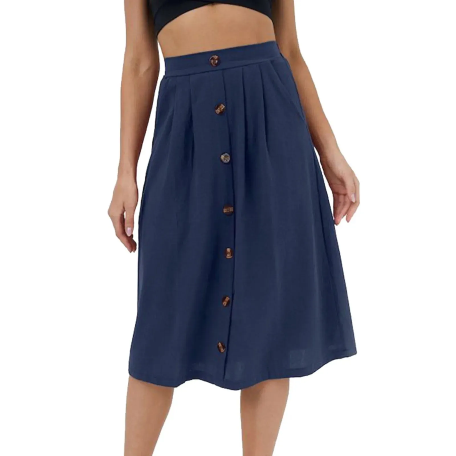 Women Casual Cotton Linen Loose Frill Tie With All-matched Solid 2024 Skirt