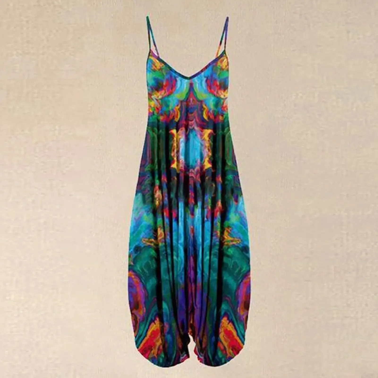 Women Sling Jumpsuit Wide Leg Overalls Harem Romper Jumpsuit Loose Geometric Boho Floral Print Sleeveless Summer Female Garment