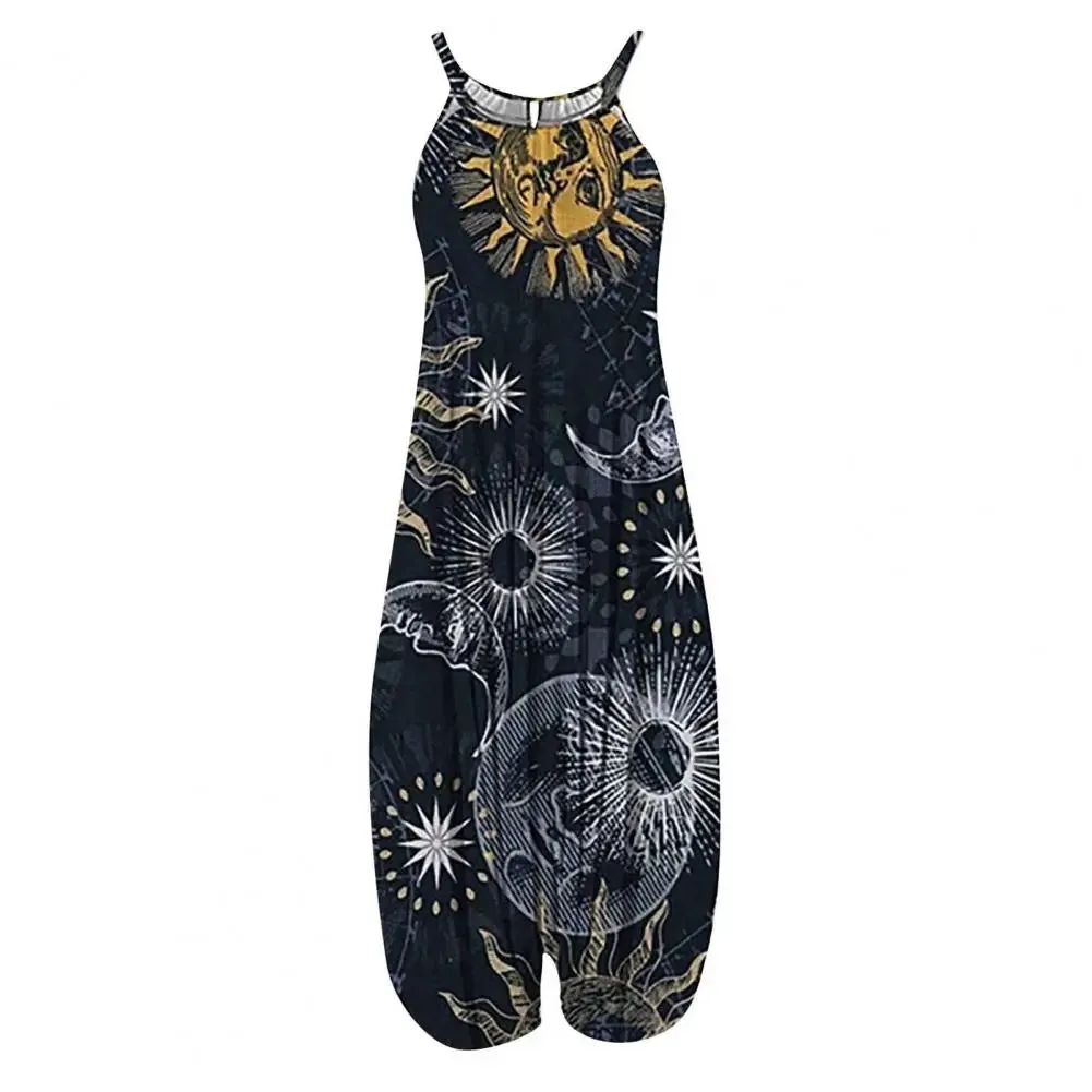 Women Sling Jumpsuit Wide Leg Overalls Harem Romper Jumpsuit Loose Geometric Boho Floral Print Sleeveless Summer Female Garment