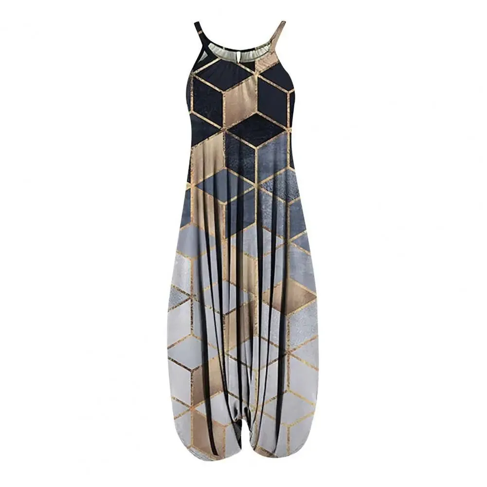 Women Sling Jumpsuit Wide Leg Overalls Harem Romper Jumpsuit Loose Geometric Boho Floral Print Sleeveless Summer Female Garment