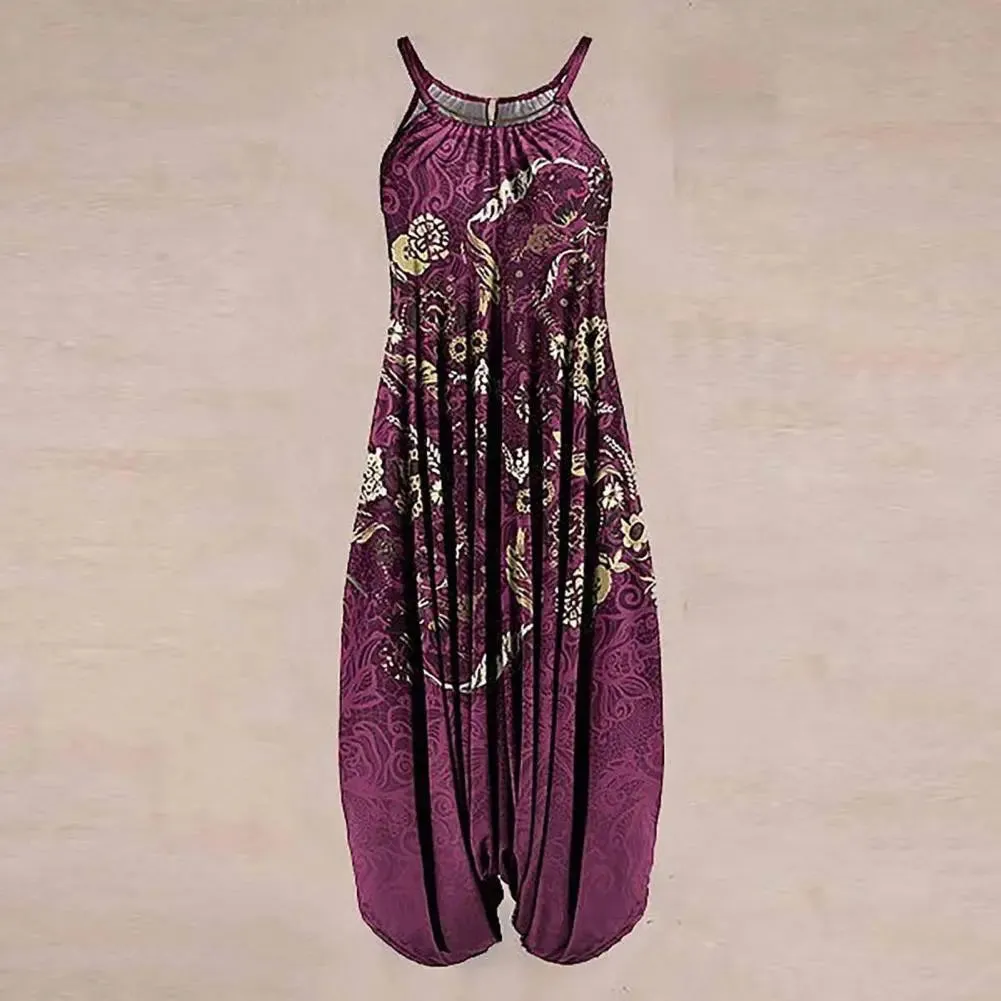 Women Sling Jumpsuit Wide Leg Overalls Harem Romper Jumpsuit Loose Geometric Boho Floral Print Sleeveless Summer Female Garment