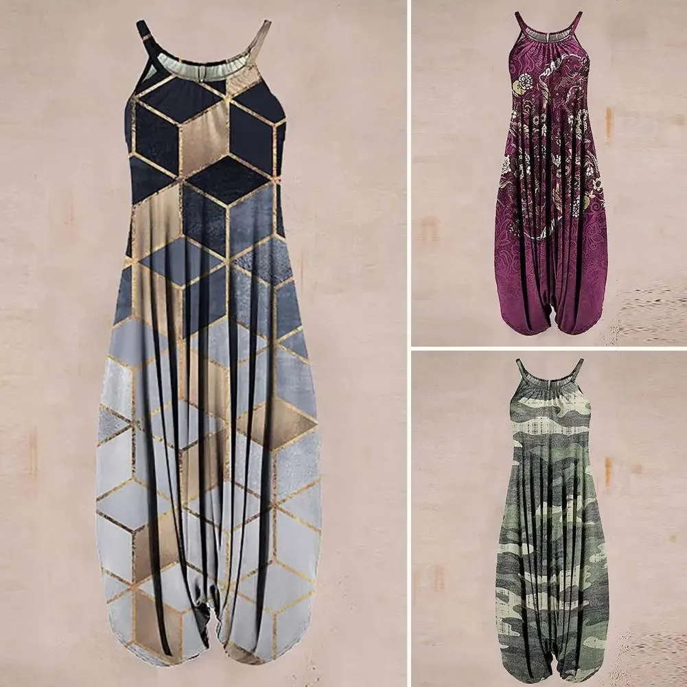 Women Sling Jumpsuit Wide Leg Overalls Harem Romper Jumpsuit Loose Geometric Boho Floral Print Sleeveless Summer Female Garment