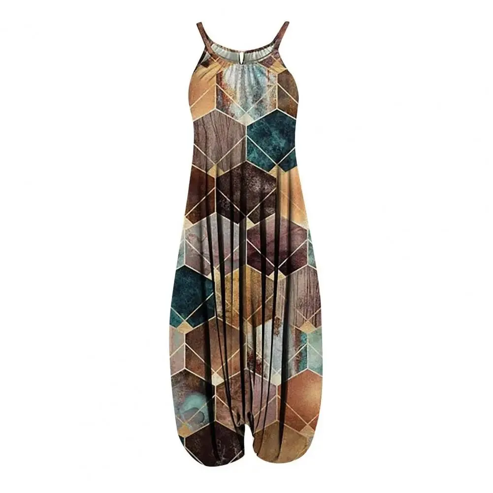 Women Sling Jumpsuit Wide Leg Overalls Harem Romper Jumpsuit Loose Geometric Boho Floral Print Sleeveless Summer Female Garment