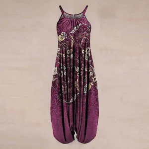 Women Sling Jumpsuit Wide Leg Overalls Harem Romper Jumpsuit Loose Geometric Boho Floral Print Sleeveless Summer Female Garment