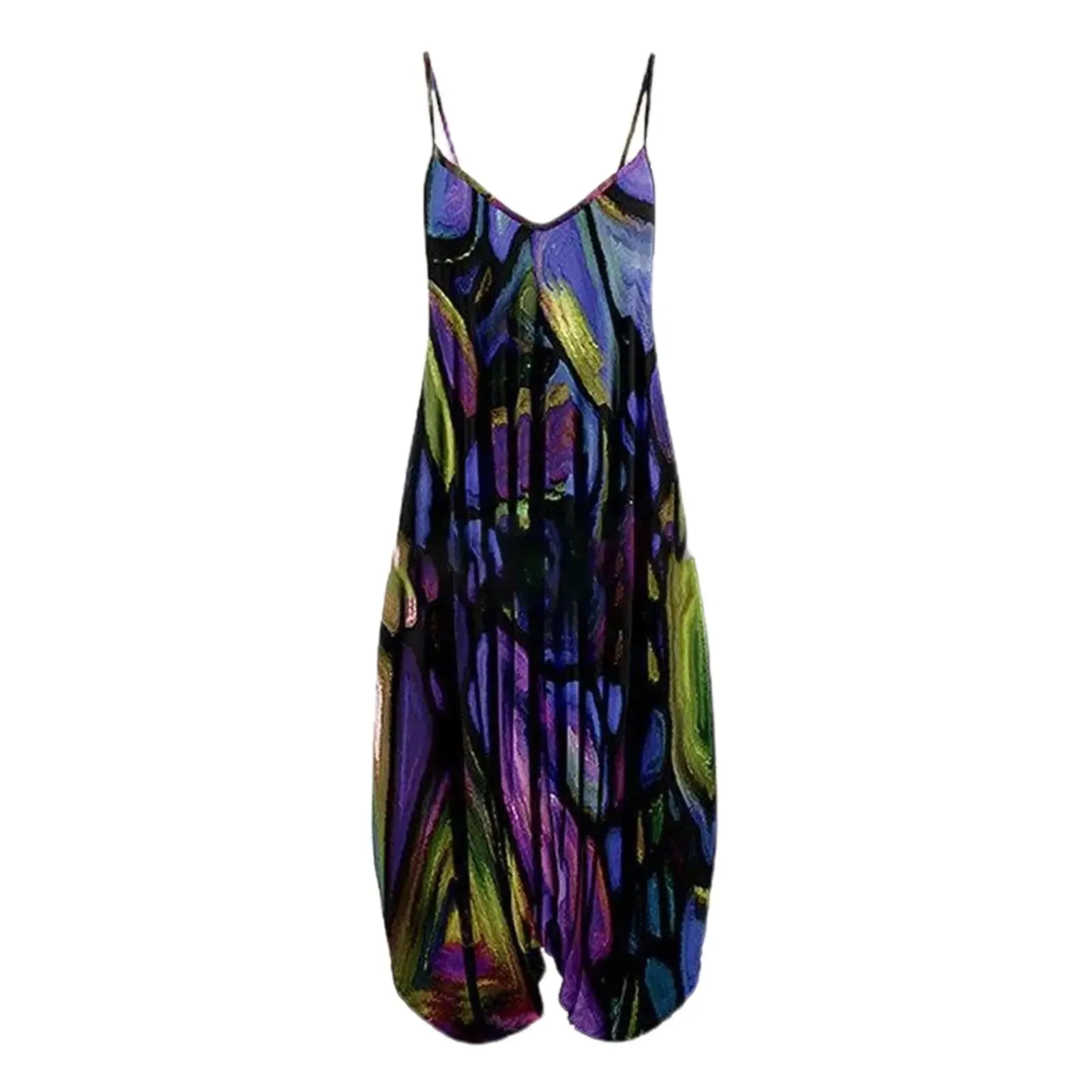 Women Sling Jumpsuit Wide Leg Overalls Harem Romper Jumpsuit Loose Geometric Boho Floral Print Sleeveless Summer Female Garment