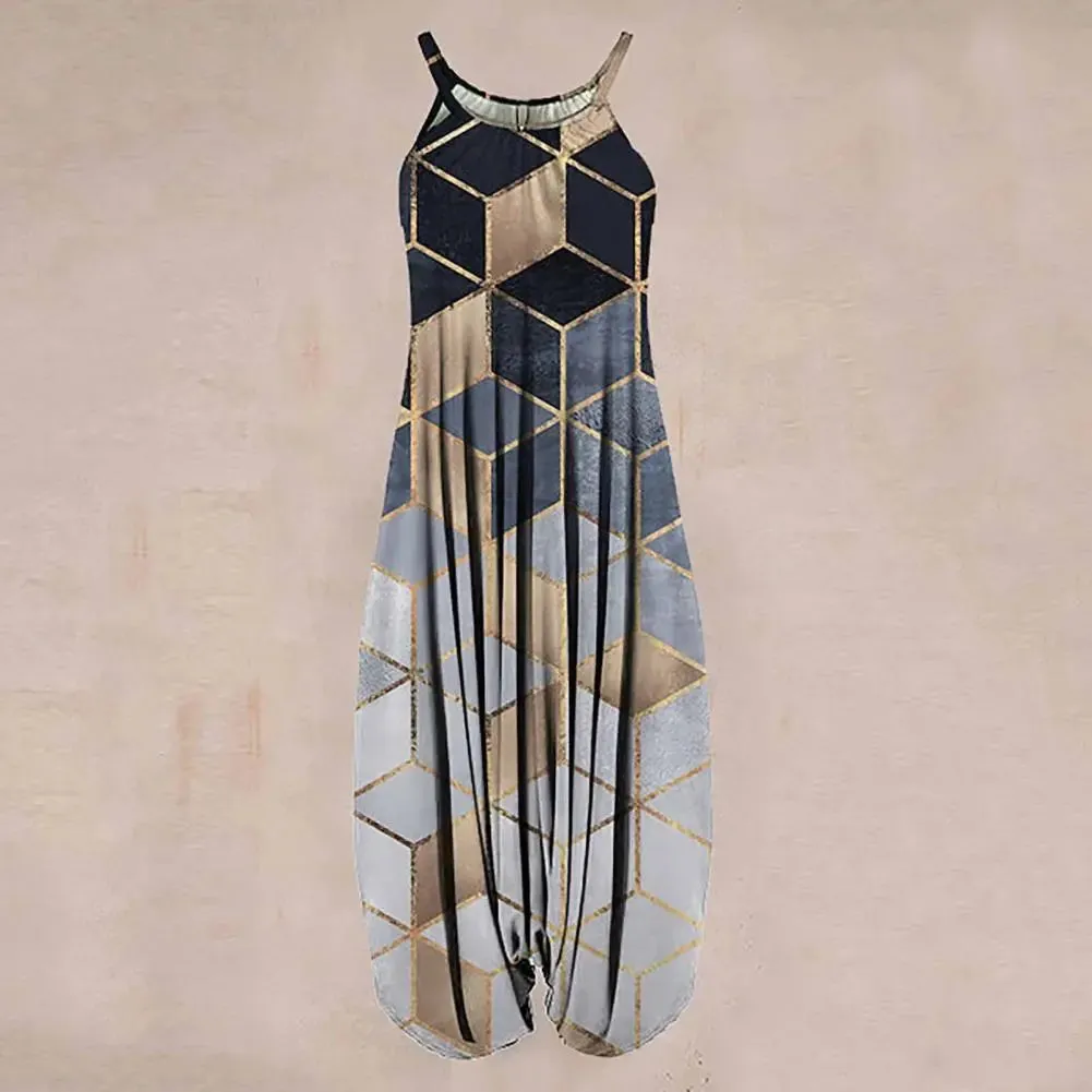 Women Sling Jumpsuit Wide Leg Overalls Harem Romper Jumpsuit Loose Geometric Boho Floral Print Sleeveless Summer Female Garment