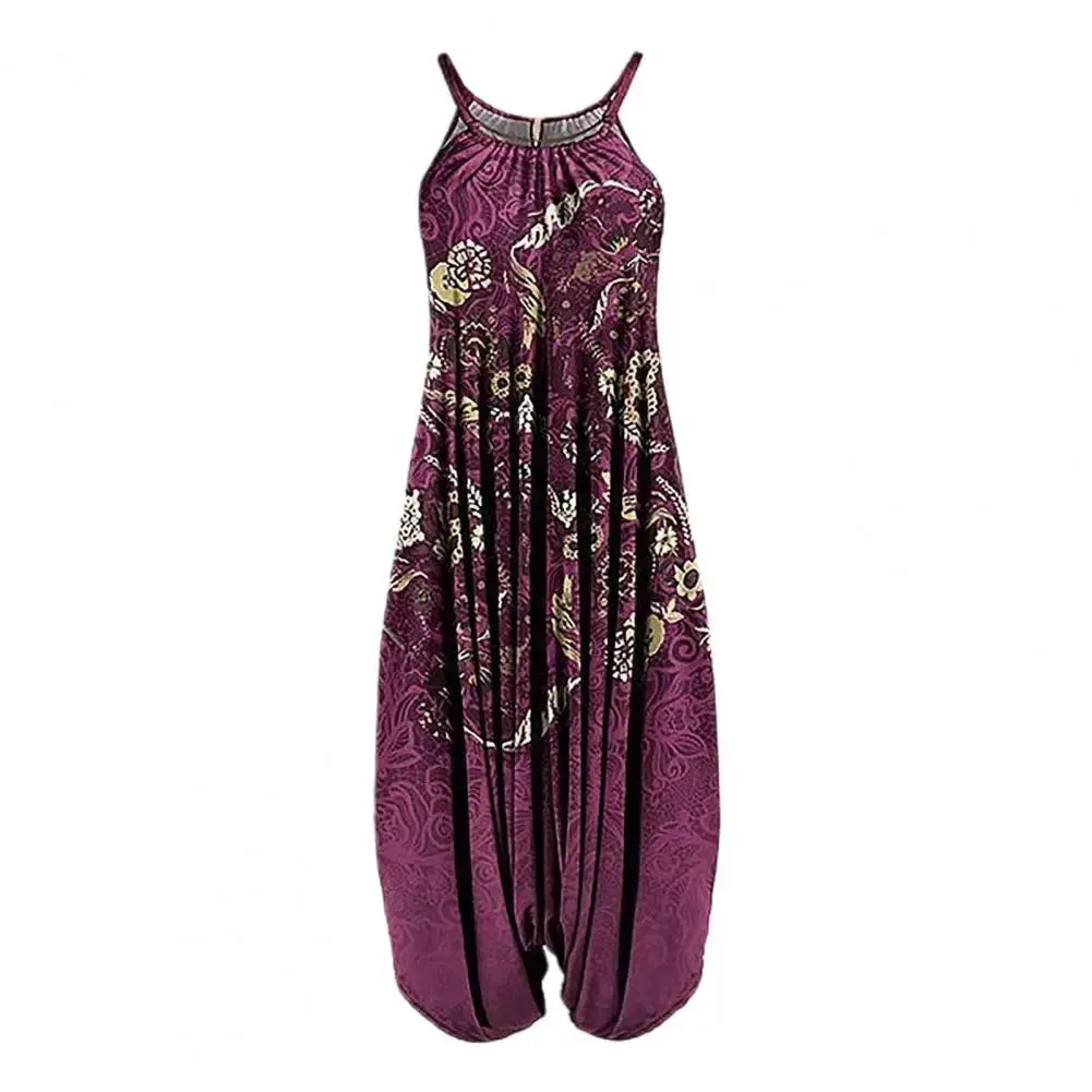 Women Sling Jumpsuit Wide Leg Overalls Harem Romper Jumpsuit Loose Geometric Boho Floral Print Sleeveless Summer Female Garment