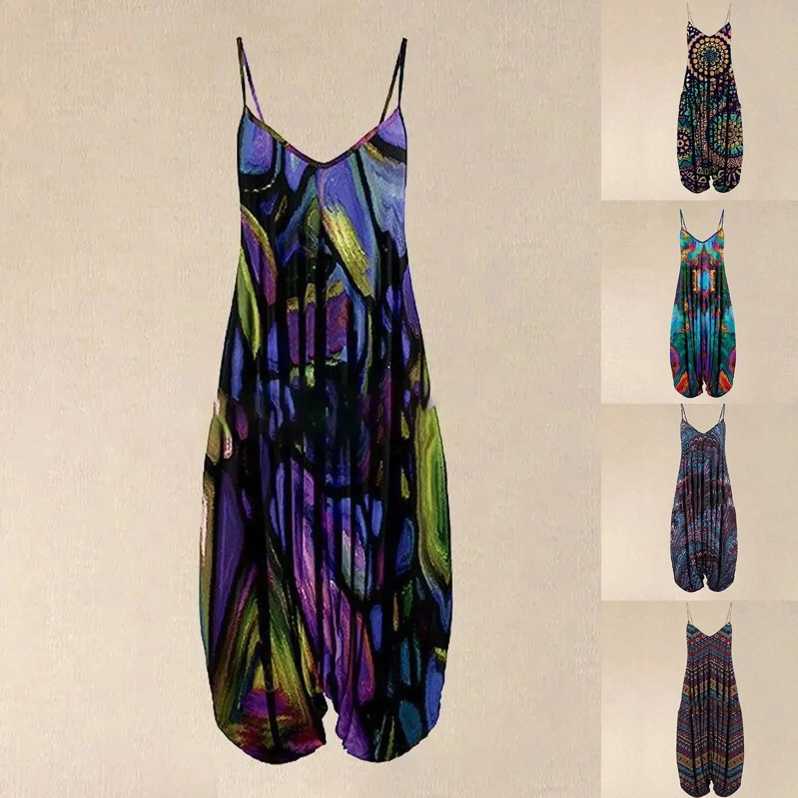 Women Sling Jumpsuit Wide Leg Overalls Harem Romper Jumpsuit Loose Geometric Boho Floral Print Sleeveless Summer Female Garment