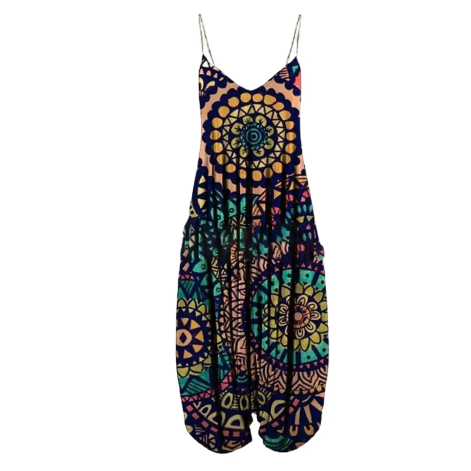 Women Sling Jumpsuit Wide Leg Overalls Harem Romper Jumpsuit Loose Geometric Boho Floral Print Sleeveless Summer Female Garment