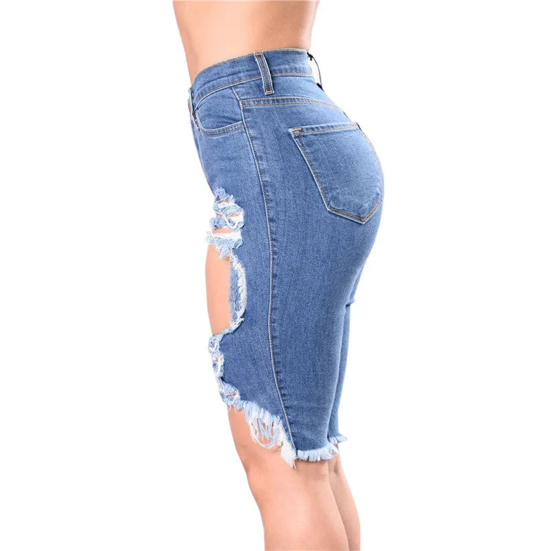Women's Slim Skinny Ripped Hole Mid Rise Denim Bermuda Shorts
