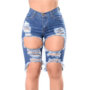 Women's Slim Skinny Ripped Hole Mid Rise Denim Bermuda Shorts