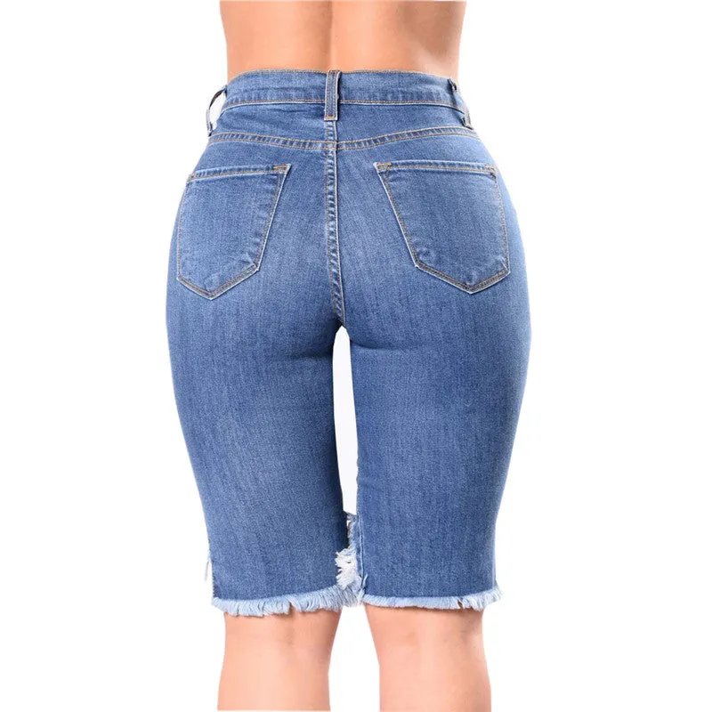 Women's Slim Skinny Ripped Hole Mid Rise Denim Bermuda Shorts