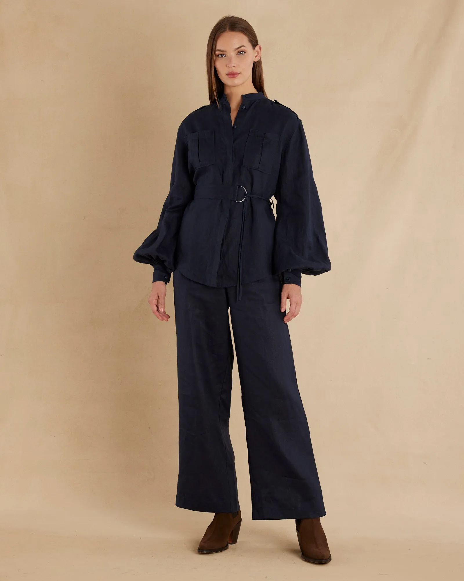Yvette Linen Belted Shirt - Navy