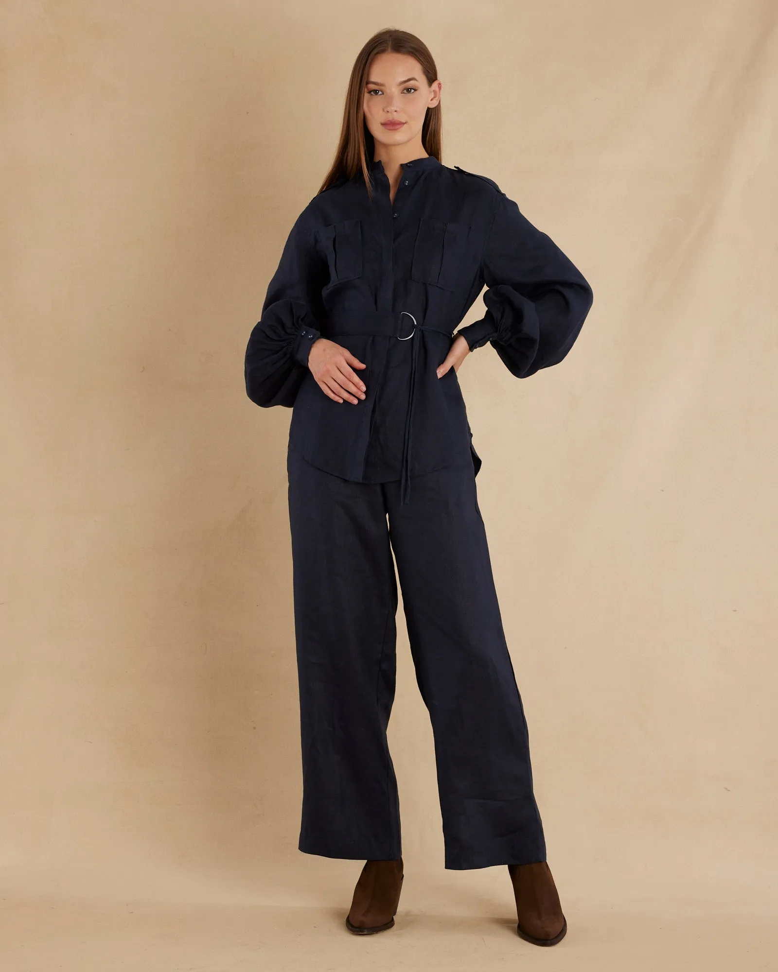 Yvette Linen Belted Shirt - Navy