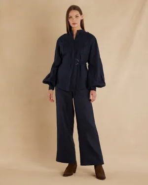 Yvette Linen Belted Shirt - Navy