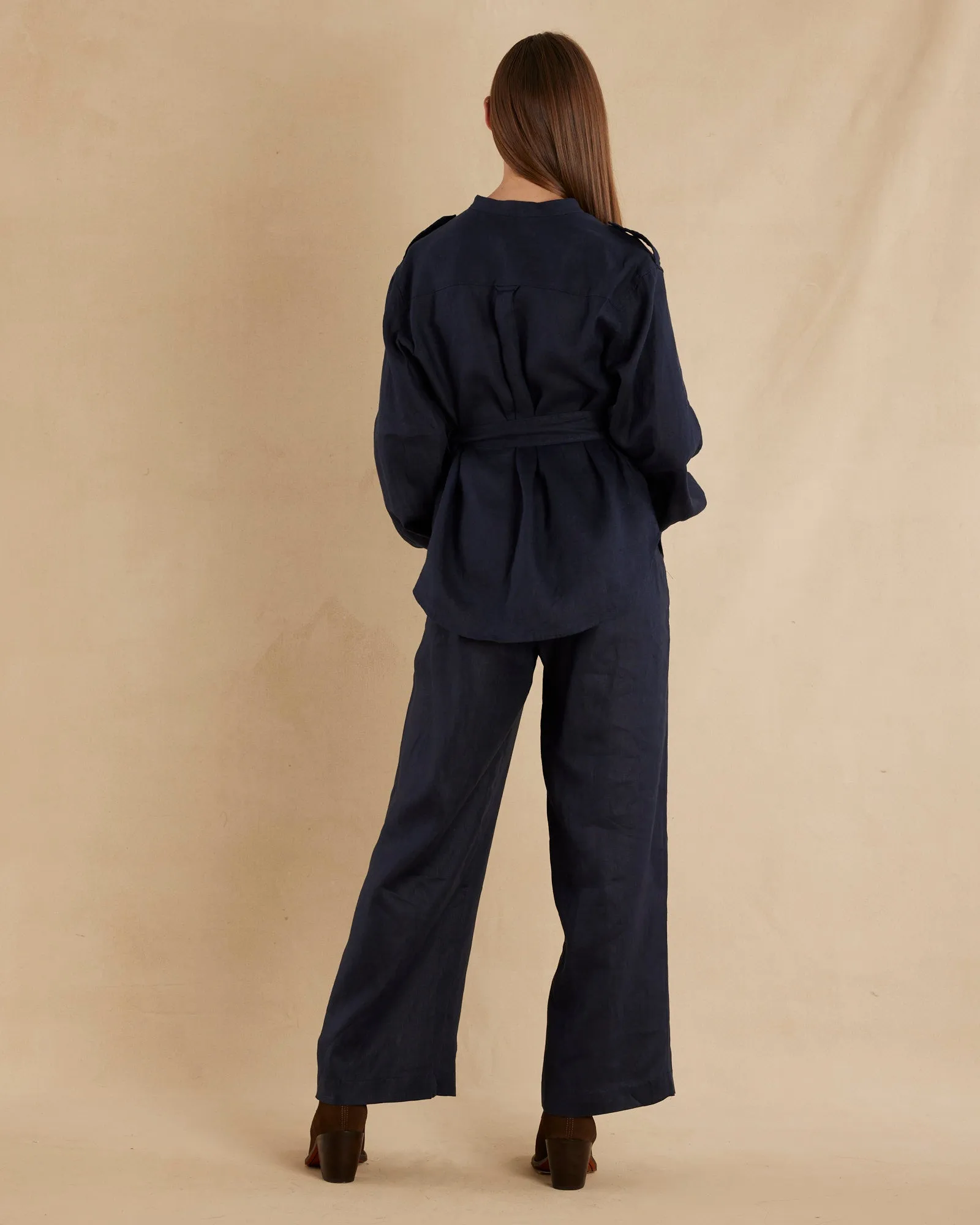 Yvette Linen Belted Shirt - Navy