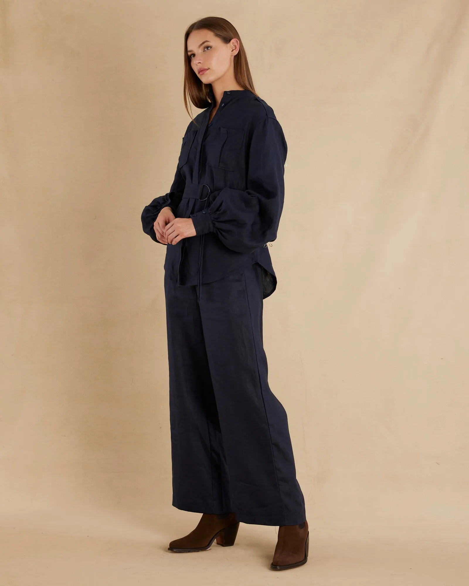 Yvette Linen Belted Shirt - Navy