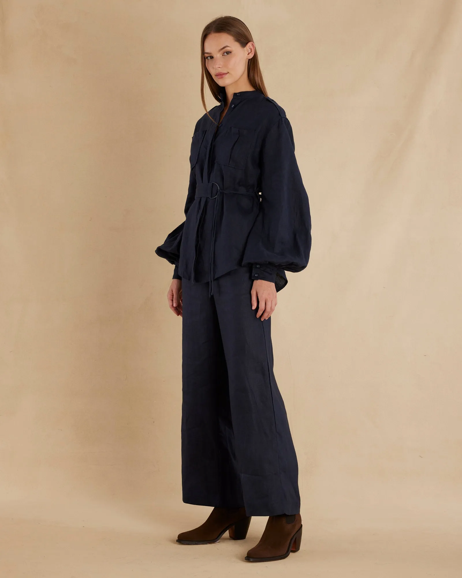 Yvette Linen Belted Shirt - Navy