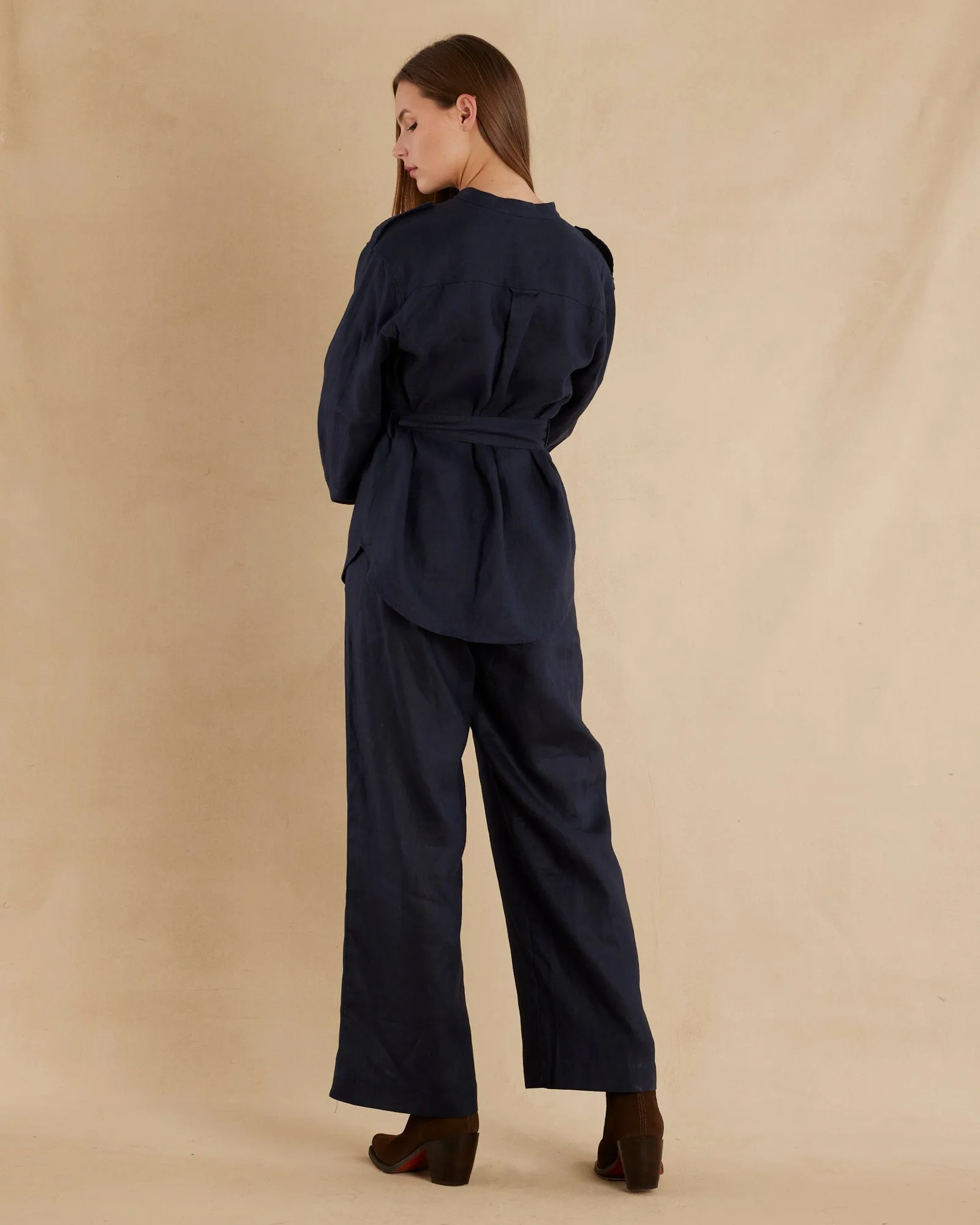 Yvette Linen Belted Shirt - Navy